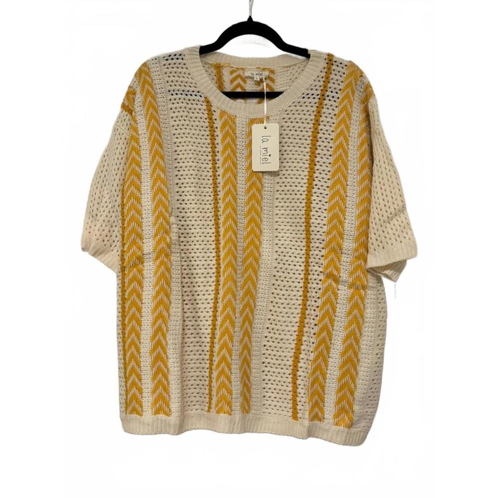 La Miel women's yellow and ivory crochet short sleeve sweater sz L new tags 1636